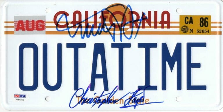 MICHAEL J FOX CHRISTOPHER LLOYD SIGNED BACK TO THE FUTURE LICENSE PLATE PSA 19 COLLECTIBLE MEMORABILIA