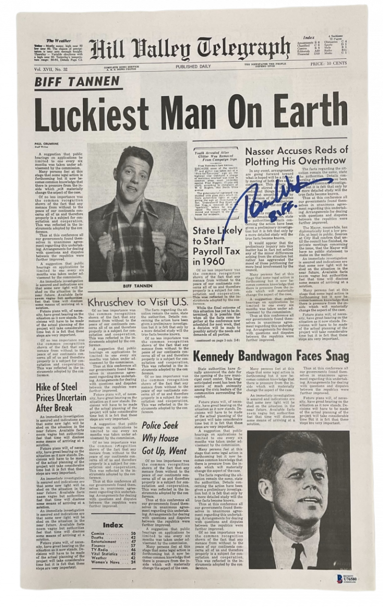 TOM WILSON SIGNED BACK TO THE FUTURE PROP REPLICA NEWSPAPER BIFF BECKETT COA 3 COLLECTIBLE MEMORABILIA