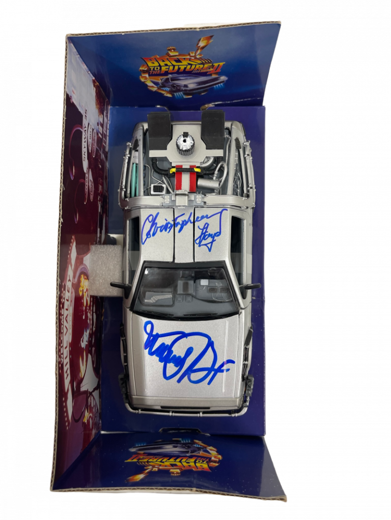 MICHAEL J FOX CHRISTOPHER LLOYD SIGNED BACK TO THE FUTURE 2 1:24 DELOREAN PSA 13 COLLECTIBLE MEMORABILIA