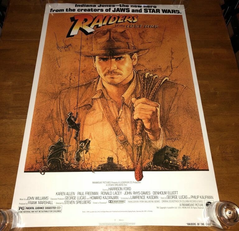 RAIDERS OF THE LOST ARK SIGNED 27×40 POSTER HARRISON FORD INDIANA JONES K9 SWAU COLLECTIBLE MEMORABILIA