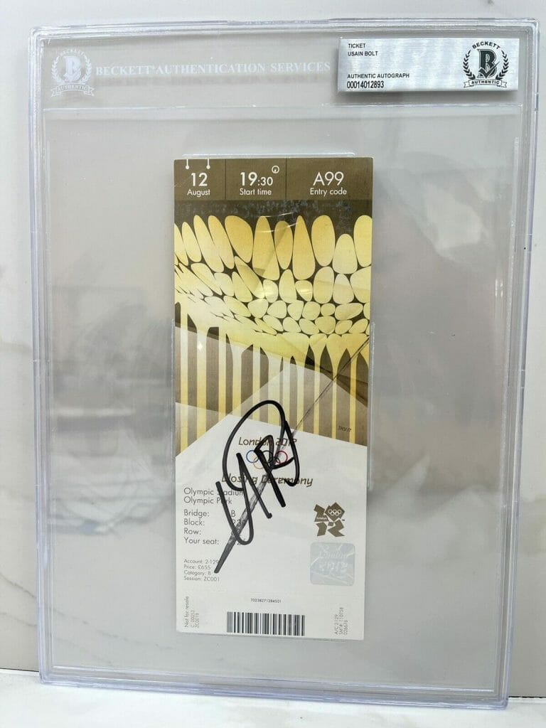 USAIN BOLT SIGNED LONDON OPENING CEREMONY OLYMPIC TICKET JAMAICA GOLD BECKETT COLLECTIBLE MEMORABILIA