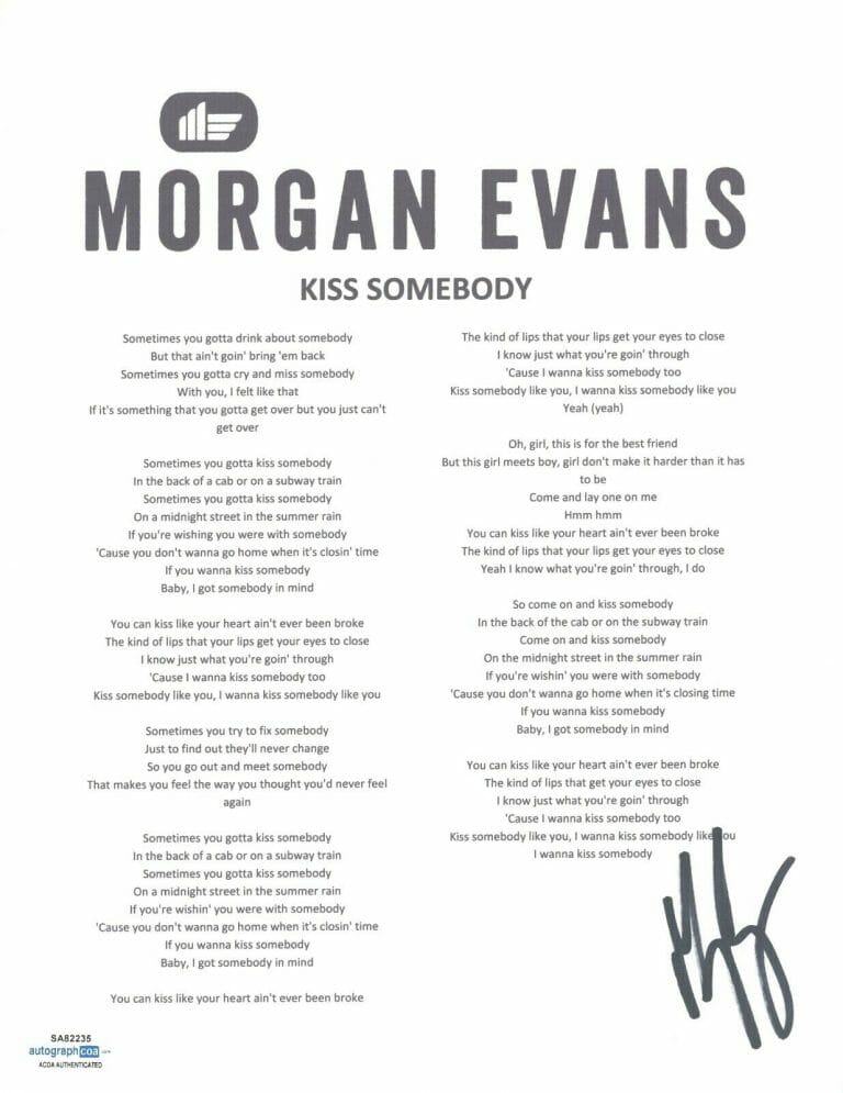 MORGAN EVANS SIGNED AUTOGRAPHED KISS SOMEBODY LYRIC SHEET COUNTRY STAR ACOA COA COLLECTIBLE MEMORABILIA