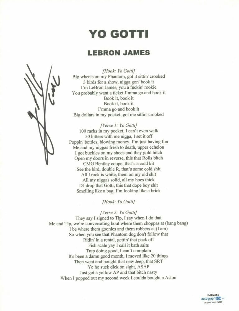 YO GOTTI SIGNED AUTOGRAPH LEBRON JAMES SONG LYRIC SHEET RAPPER HIP HOP ACOA COA COLLECTIBLE MEMORABILIA