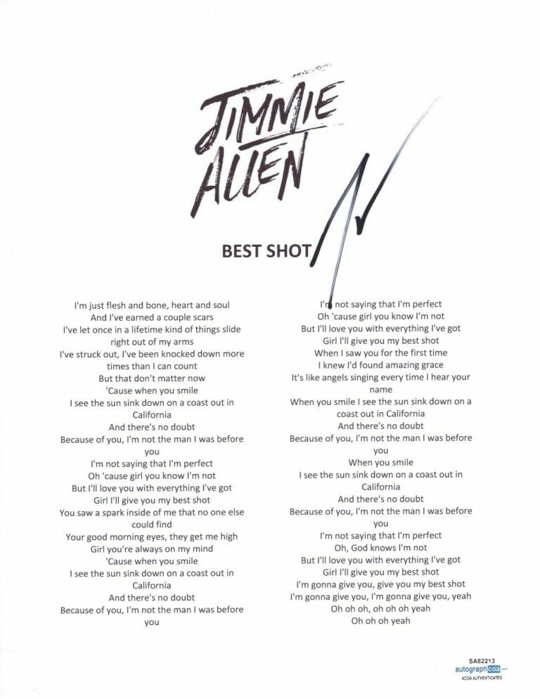 JIMMIE ALLEN SIGNED AUTOGRAPHED BEST SHOT SONG LYRIC SHEET COUNTRY STAR ACOA COA COLLECTIBLE MEMORABILIA