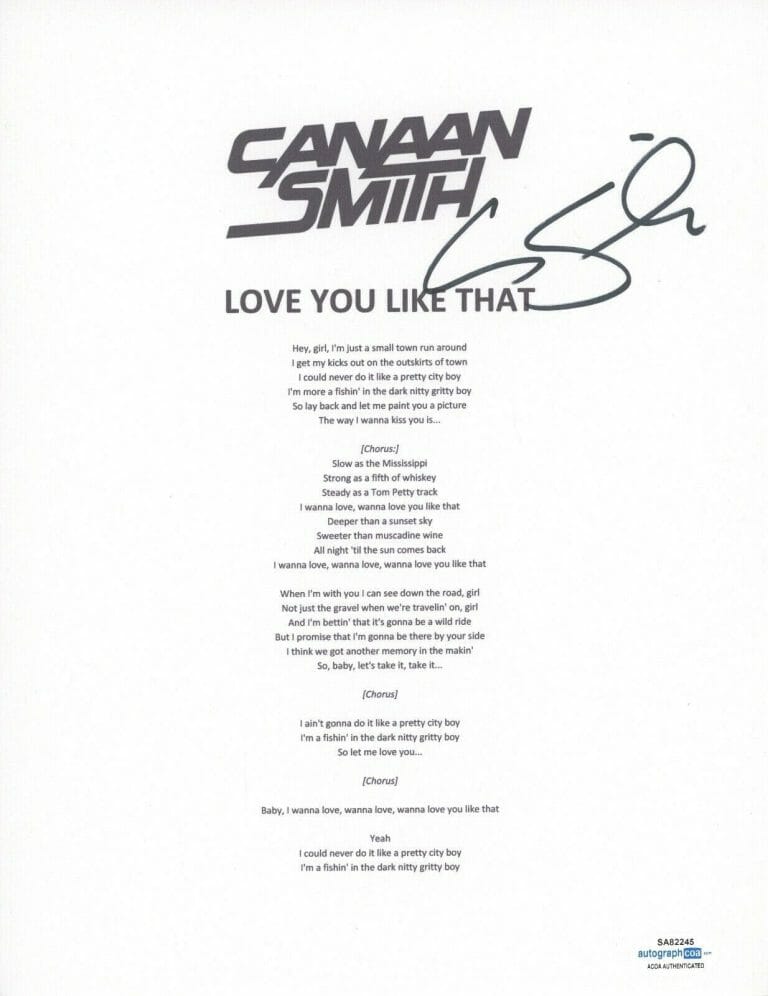 Love You Like That Lyrics Canaan Smith Canaan Smith Signed Autographed Love You Like That Lyric Sheet Country