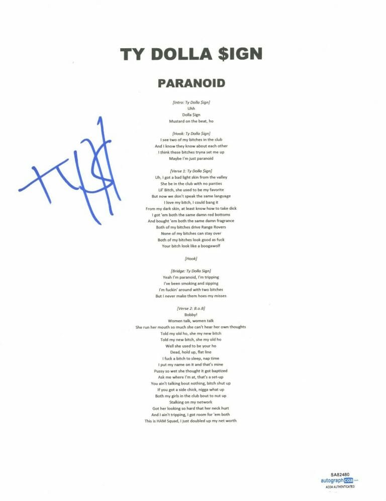 TY DOLLA SIGN $IGN SIGNED AUTOGRAPH PARANOID LYRIC SHEET RAPPER HIP HOP ACOA COA COLLECTIBLE MEMORABILIA