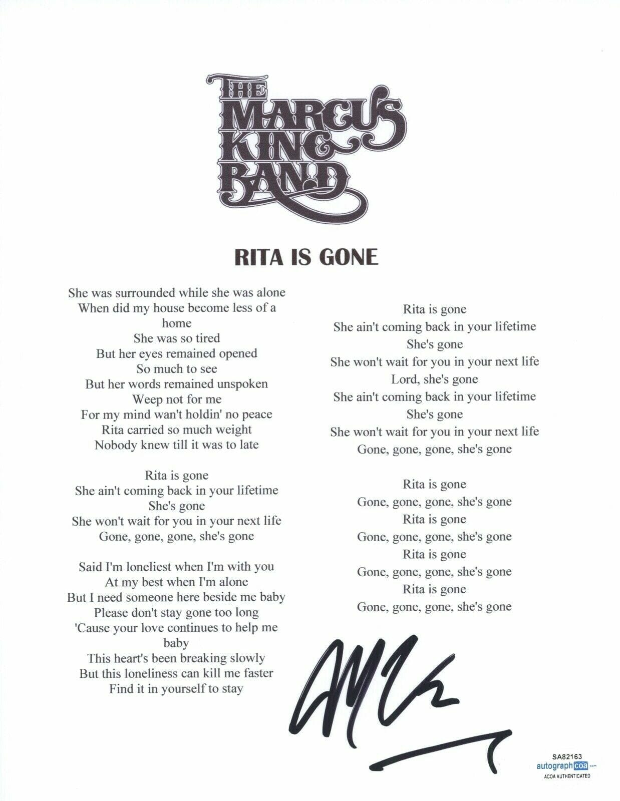 Marcus King Signed Rita Is Gone The Marcus King Band Song Lyric Sheet