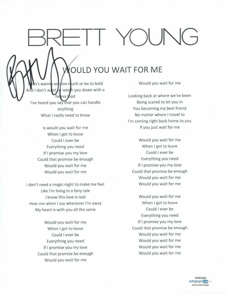 BRETT YOUNG SIGNED AUTOGRAPHED WOULD YOU WAIT FOR ME SONG LYRIC SHEET ACOA COA COLLECTIBLE MEMORABILIA