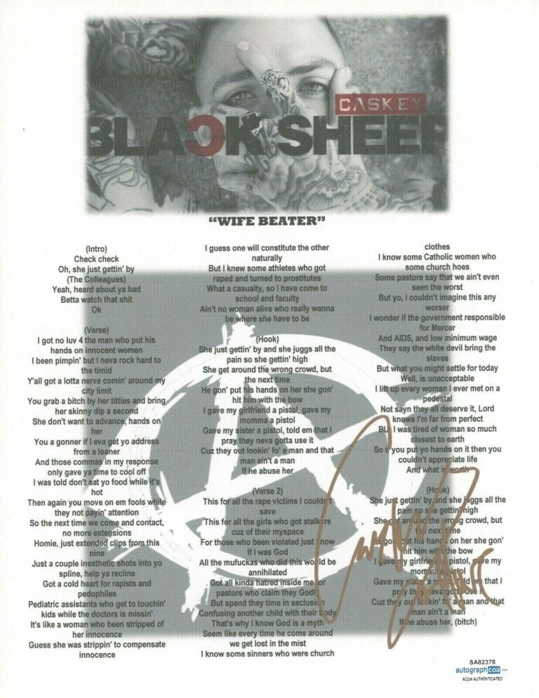 CASKEY SIGNED AUTOGRAPHED WIFE BEATER 8.5×11 SONG LYRIC SHEET RAPPER ACOA COA COLLECTIBLE MEMORABILIA