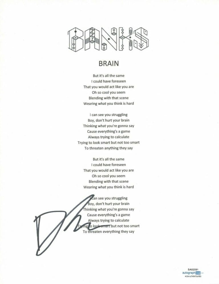 BANKS JILLIAN SIGNED AUTOGRAPHED BRAIN SONG LYRIC SHEET ACOA COA COLLECTIBLE MEMORABILIA