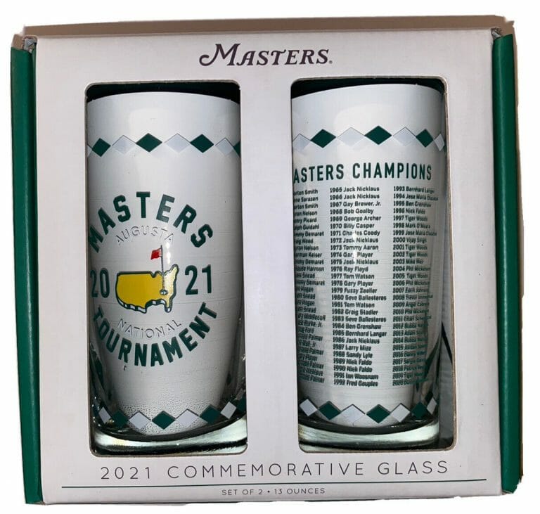 2021 MASTERS COMMEMORATIVE CHAMPIONS GLASS SET OF 2 AUGUSTA NATIONAL GOLF 13 OZ COLLECTIBLE MEMORABILIA