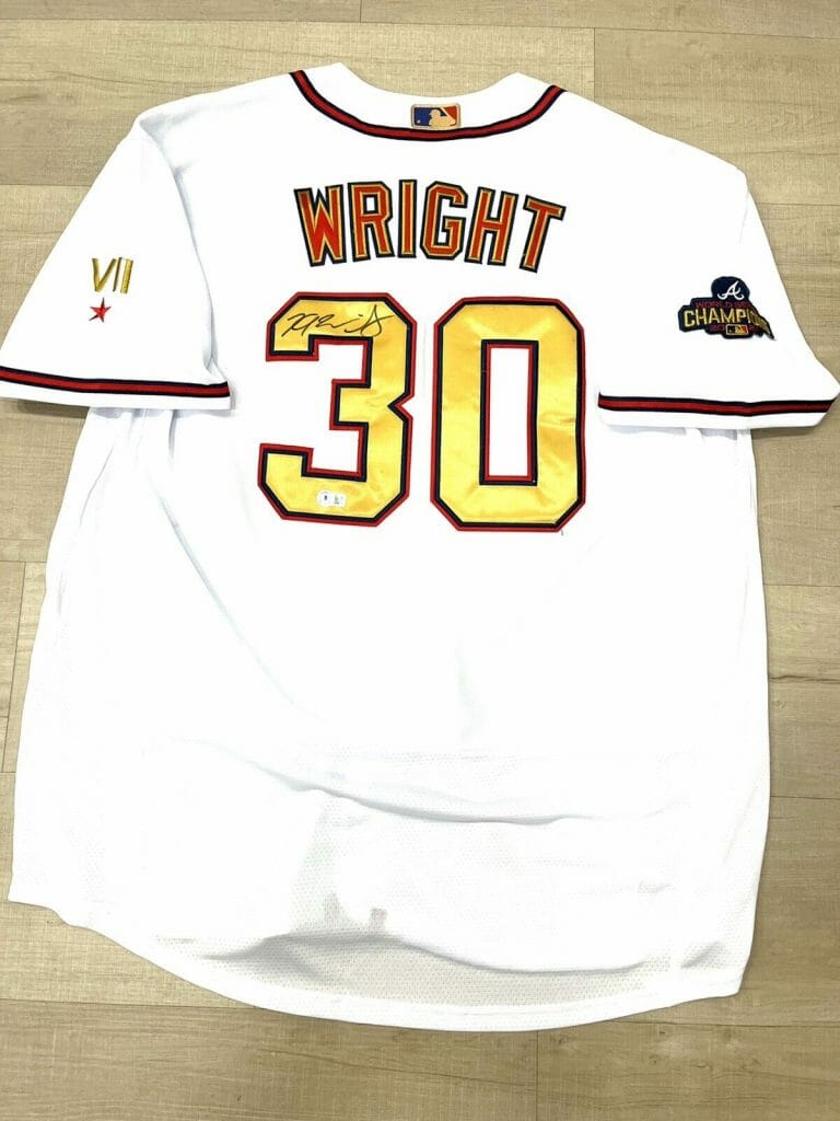 KYLE WRIGHT HAND SIGNED ATLANTA BRAVES 2021 WORLD SERIES GOLD JERSEY BAS CERT COLLECTIBLE MEMORABILIA