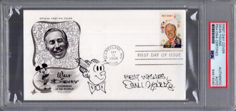 DEAN YOUNG HAND SIGNED WALT DISNEY FDC RARE DAGWOOD SKETCH JSA+PSA SLABBED COLLECTIBLE MEMORABILIA