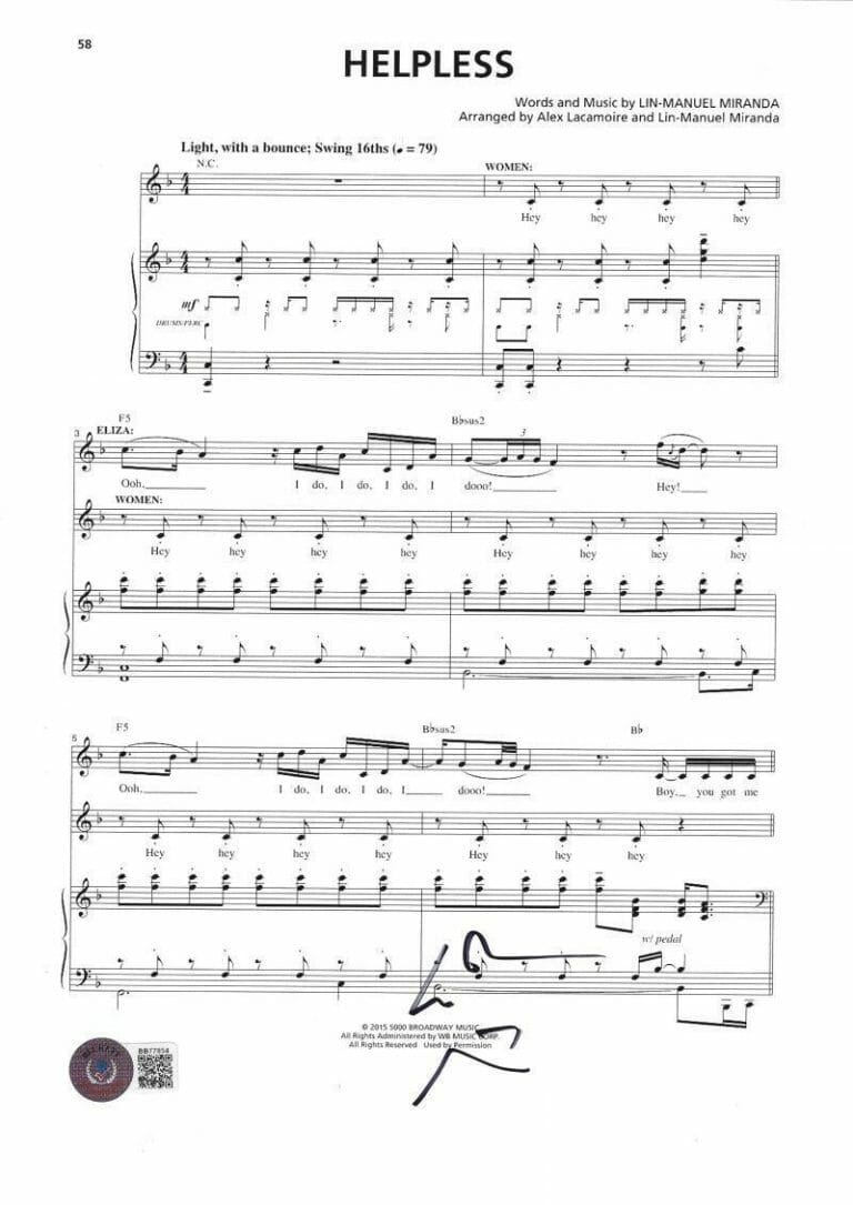LIN MANUEL MIRANDA SIGNED HAMILTON HELPLESS SHEET MUSIC AUTOGRAPH BECKETT COLLECTIBLE MEMORABILIA