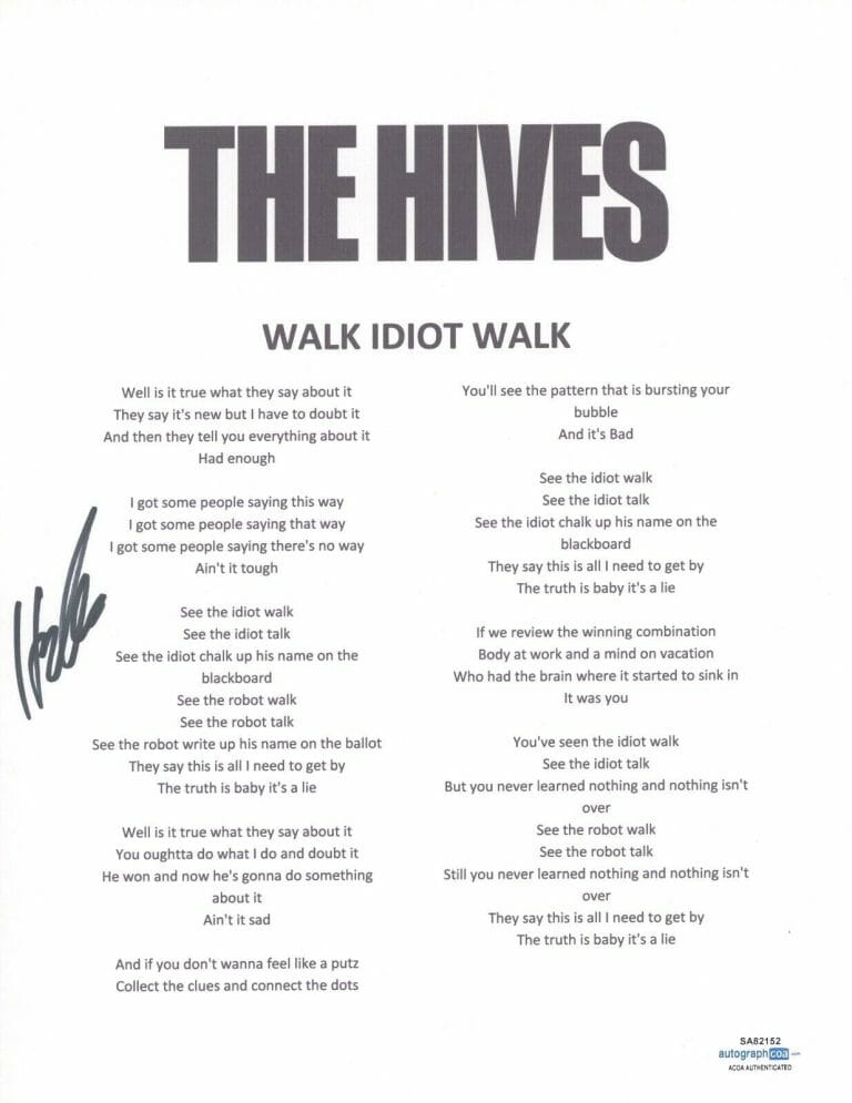 PELLE ALMQVIST SIGNED AUTOGRAPHED THE HIVES WALK IDIOT WALK LYRIC SHEET ACOA COA COLLECTIBLE MEMORABILIA