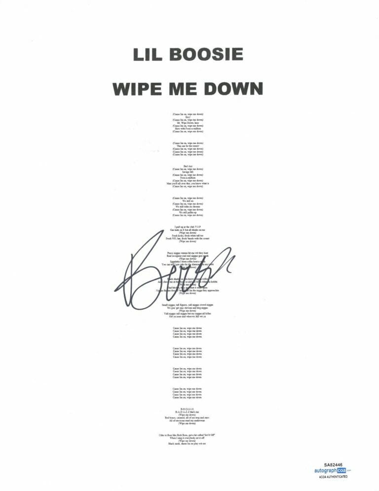 LIL BOOSIE SIGNED AUTOGRAPHED WIPE ME DOWN LYRIC SHEET HIP HOP RAPPER ACOA COA COLLECTIBLE MEMORABILIA
