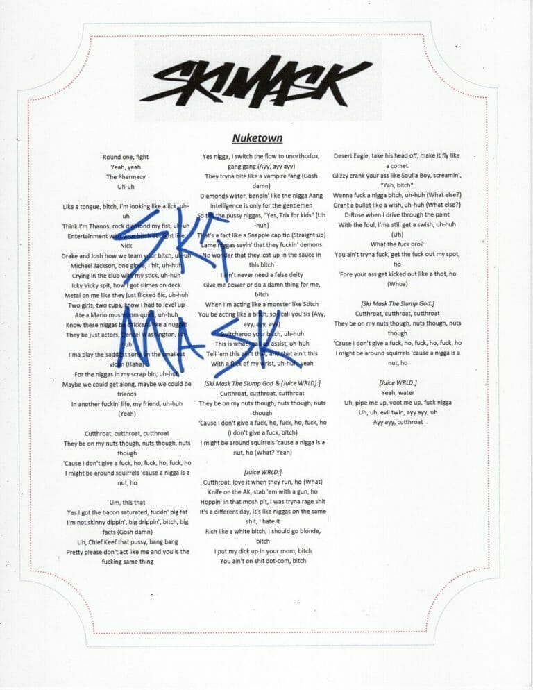 SKI MASK SIGNED NUKETOWN LYRIC SHEET COLLECTIBLE MEMORABILIA