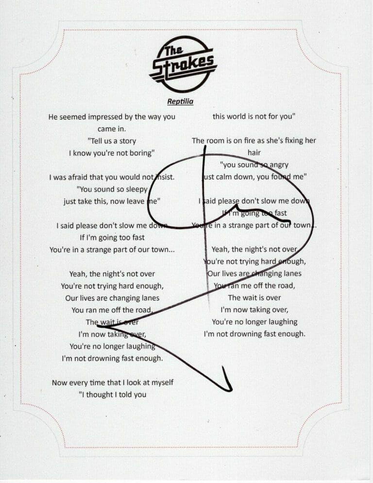 The Strokes Julian Casablancas Signed Reptilia Lyric Sheet Autographia