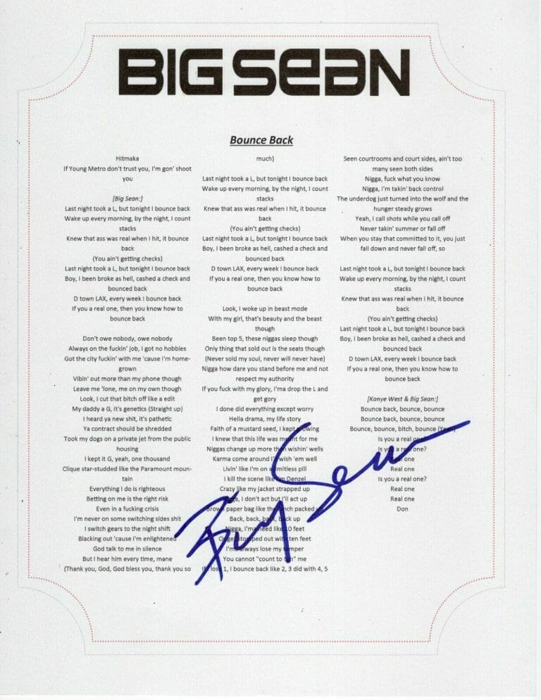 BIG SEAN BOUNCH BACK SIGNED LYRIC SHEET COLLECTIBLE MEMORABILIA