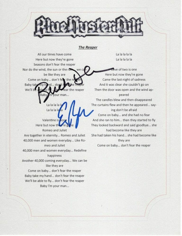 BLUE OYSTER CULT BUCK & ERIC SIGNED THE REAPER LYRIC SHEET LEGEND COLLECTIBLE MEMORABILIA