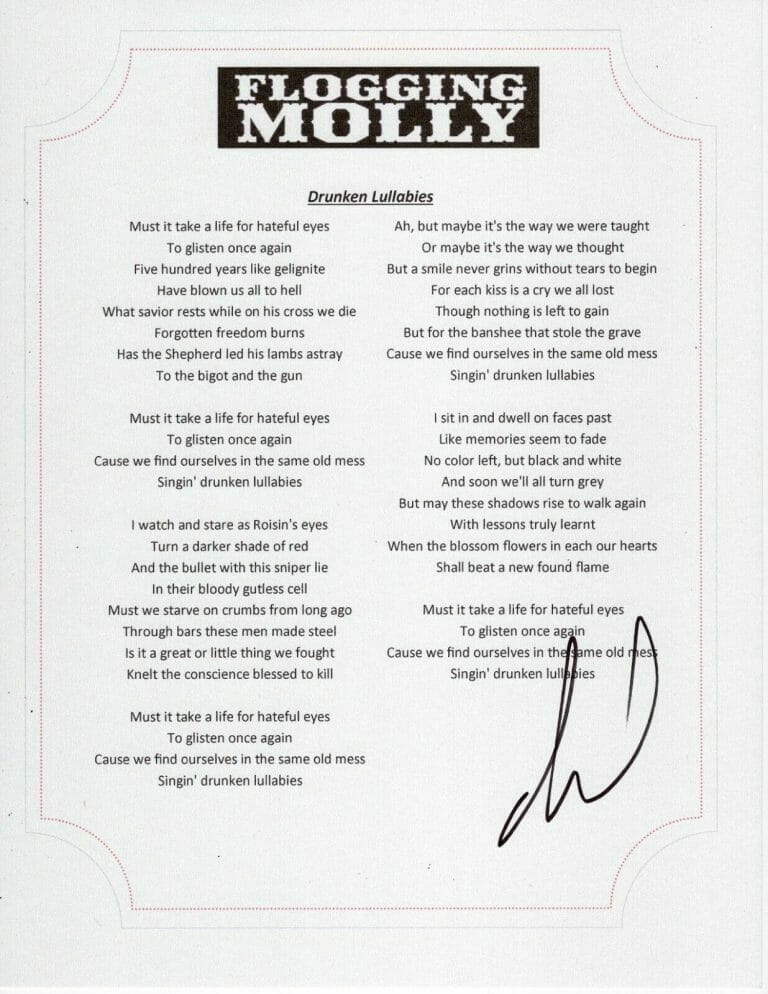 FLOGGING MOLLY DAVE KING SIGNED DRUNKEN LULLABIES LYRIC SHEET LEAD SINGER COLLECTIBLE MEMORABILIA