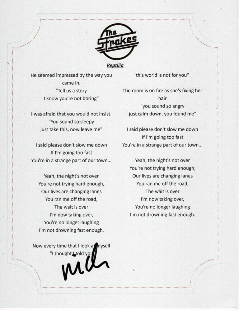 THE STROKES NICK VALENSI SIGNED REPTILIA LYRIC SHEET COLLECTIBLE MEMORABILIA