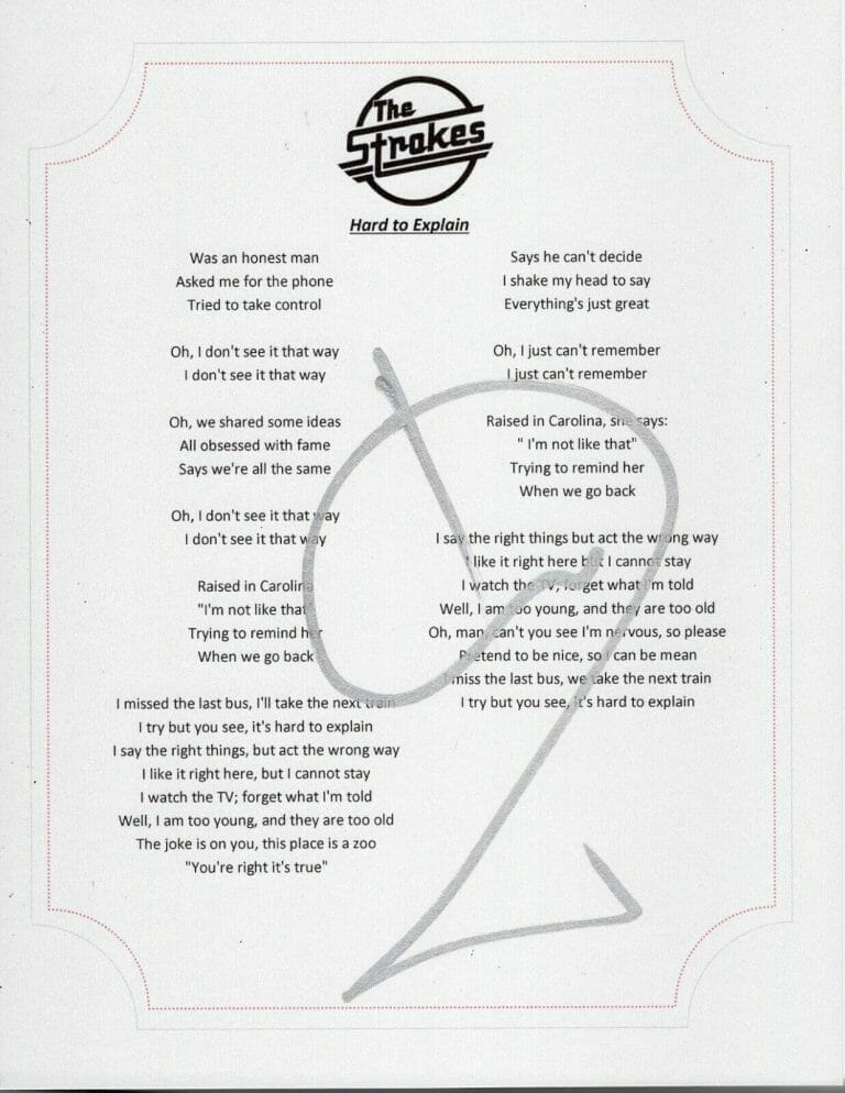 THE STROKES JULIAN CASABLANCAS SIGNED HARD TO EXPLAIN LYRIC SHEET COLLECTIBLE MEMORABILIA