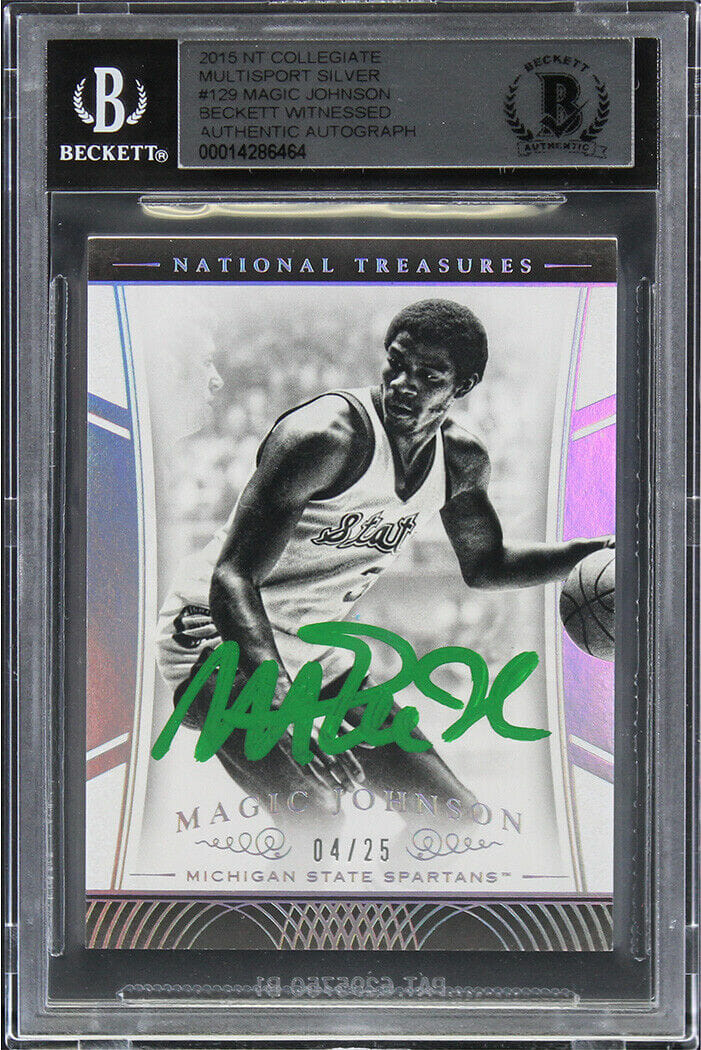 MAGIC JOHNSON SIGNED 2015 NT COLLEGIATE MS SILVER #129 #4/25 CARD BAS SLABBED COLLECTIBLE MEMORABILIA