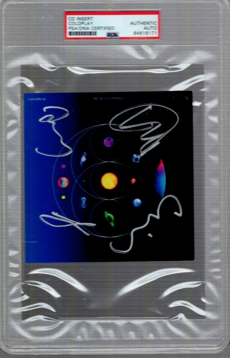 COLDPLAY HAND SIGNED MUSIC OF THE SPHERES CD INSERT CHRIS MARTIN PSA SLABBED COLLECTIBLE MEMORABILIA