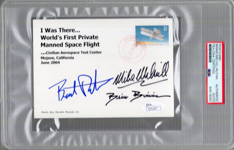 BRIAN BINNIE+RUTAN+MELVILL HAND SIGNED POSTCARD SPACESHIP ONE JSA+PSA SLABBED COLLECTIBLE MEMORABILIA