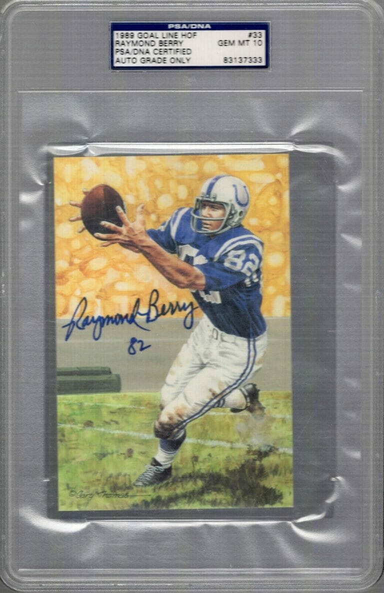 RAYMOND BERRY SIGNED HOF GOAL LINE ART CARD GEM MINT 10 PSA SLABBED COLLECTIBLE MEMORABILIA