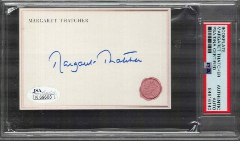 MARGARET THATCHER HAND SIGNED 4×6 BOOKPLATE THE IRON LADY JSA+PSA SLABBED COLLECTIBLE MEMORABILIA