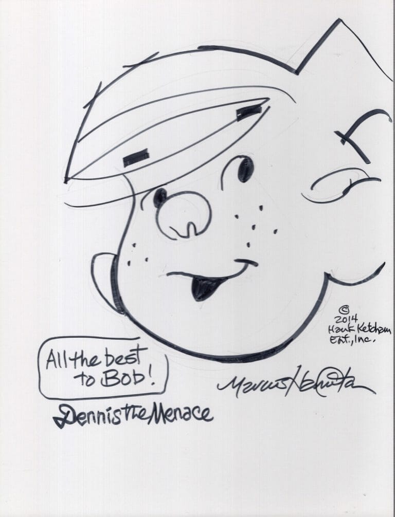 MARCUS HAMILTON SIGNED 8×11 ORIGINAL DRAWING OF DENNIS THE MENACE+COA TO BOB COLLECTIBLE MEMORABILIA