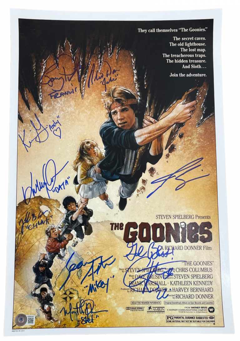 GOONIES FULL CAST SIGNED 12X18 PHOTO 9 AUTOGRAPHS BROLIN FELDMAN BECKETT LOA 3 COLLECTIBLE MEMORABILIA