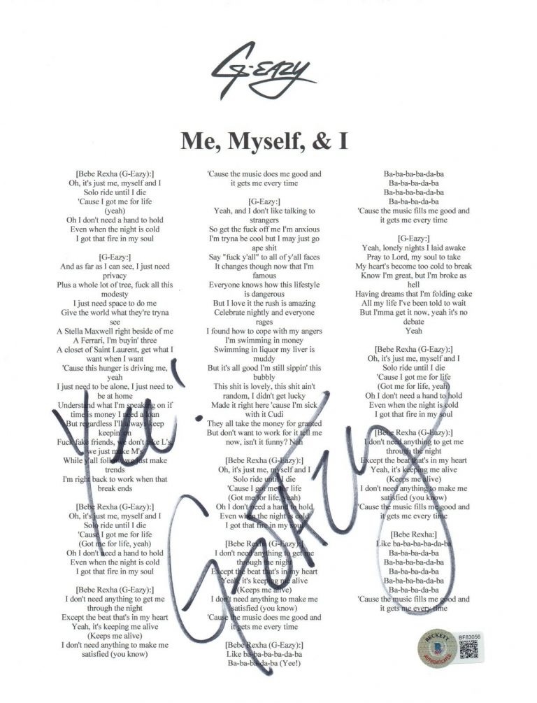 G-EAZY SIGNED AUTOGRAPHED ME, MYSELF, & I LYRIC SHEET 8.5×11 RAPPER BECKETT COA COLLECTIBLE MEMORABILIA
