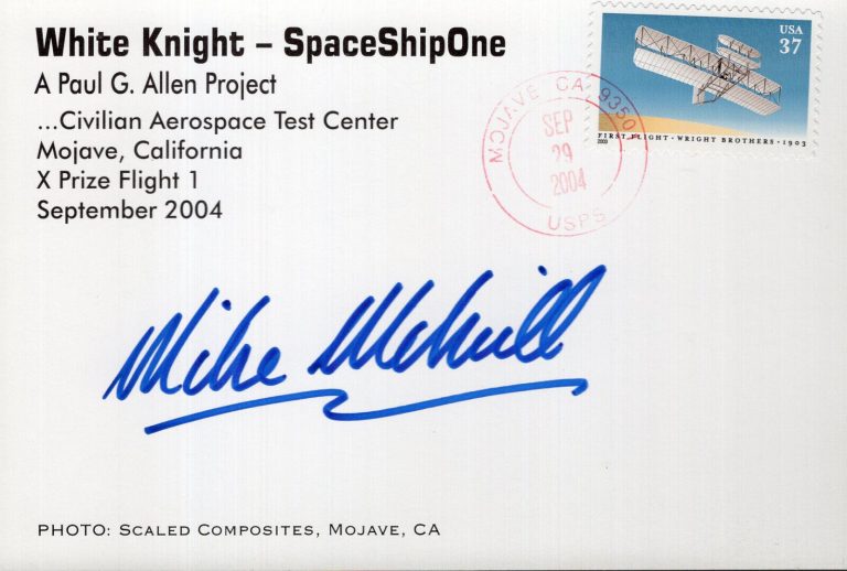MIKE MELVILL HAND SIGNED 4×6 COLOR POSTCARD 2004+COA SPACESHIP ONE PILOT COLLECTIBLE MEMORABILIA