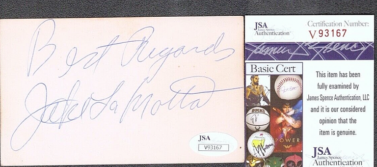 JAKE LAMOTTA SIGNED AUTOGRAPH 3X5 INDEX CARD JSA COA BOXING COLLECTIBLE MEMORABILIA