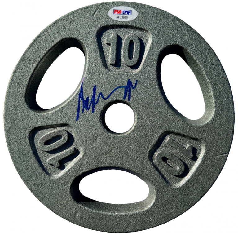 ARNOLD SCHWARZENEGGER SIGNED BARBELL IRON WEIGHT PLATE BODYBUILDING AUTO PSA/DNA COLLECTIBLE MEMORABILIA