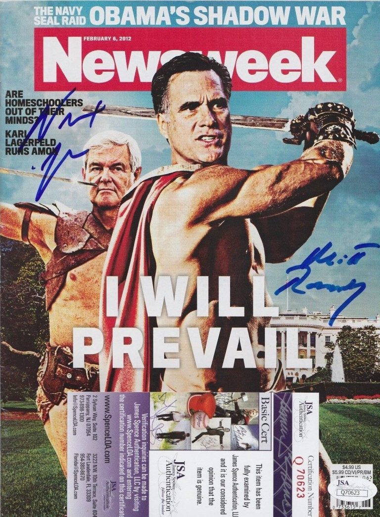 MITT ROMNEY + NEWT GINGRICH DUAL SIGNED NEWSWEEK MAGAZINE W/ JSA COA #Q70623 COLLECTIBLE MEMORABILIA