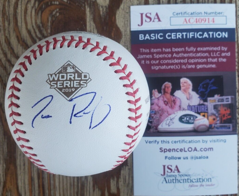 TANNER RAINEY SIGNED 2019 GOLD WORLD SERIES BASEBALL JSA COA #AC40914 NATIONALS COLLECTIBLE MEMORABILIA