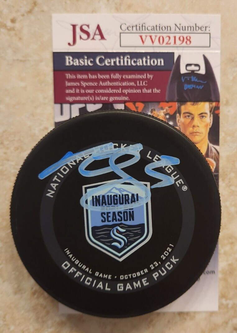 MARK GIORDANO SIGNED OFFICIAL INAUGURAL SEASON NHL GAME PUCK W/ JSA COA KRAKEN 3 COLLECTIBLE MEMORABILIA