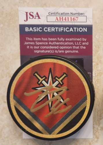 LOGAN THOMPSON SIGNED REVERSE RETRO PUCK W JSA COA #AH41167 VEGAS GOLDEN KNIGHTS COLLECTIBLE MEMORABILIA