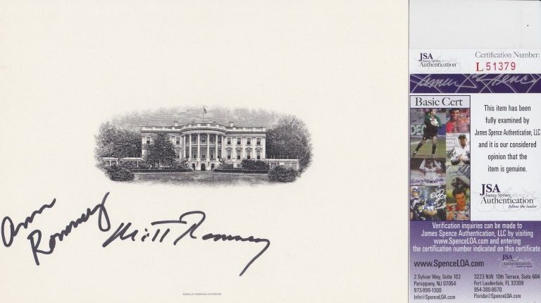 MITT ROMNEY + ANN ROMNEY DUAL SIGNED BEP WHITE HOUSE ENGRAVING W JSA COA #L51379 COLLECTIBLE MEMORABILIA