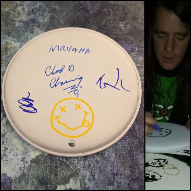 GFA CHAD CHANNING, DALE & DAN * NIRVANA * SIGNED 10″ DRUMHEAD AD3 COA COLLECTIBLE MEMORABILIA