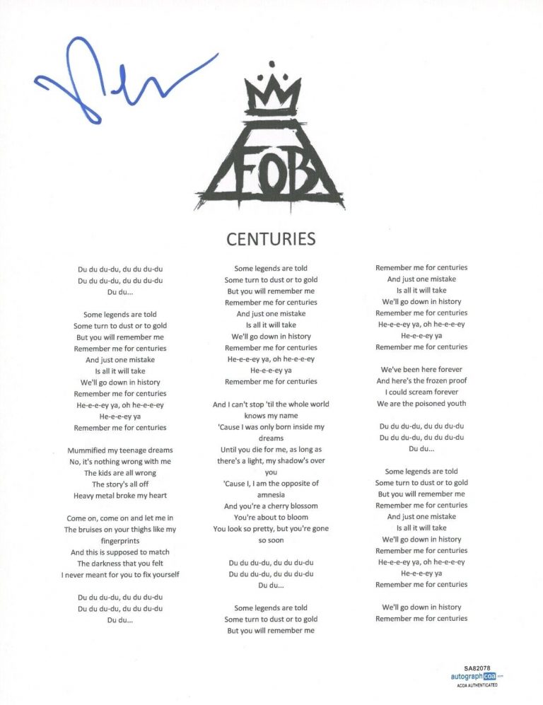 PETE WENTZ SIGNED AUTOGRAPHED FALL OUT BOY CENTURIES SONG LYRIC SHEET ACOA COA COLLECTIBLE MEMORABILIA
