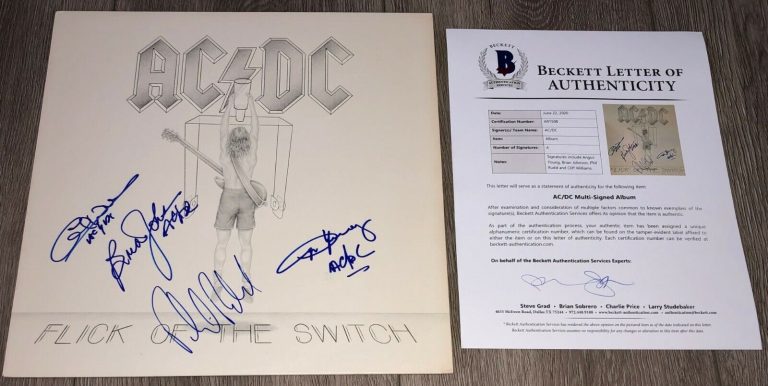 AC/DC SIGNED FLICK OF THE SWITCH VINYL ALBUM ANGUS YOUNG +3 W/ BECKETT BAS LOA
 COLLECTIBLE MEMORABILIA