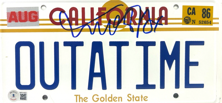MICHAEL J. FOX AUTOGRAPH OUTATIME LICENSE PLATE BACK TO THE FUTURE COLLECTIBLE MEMORABILIA