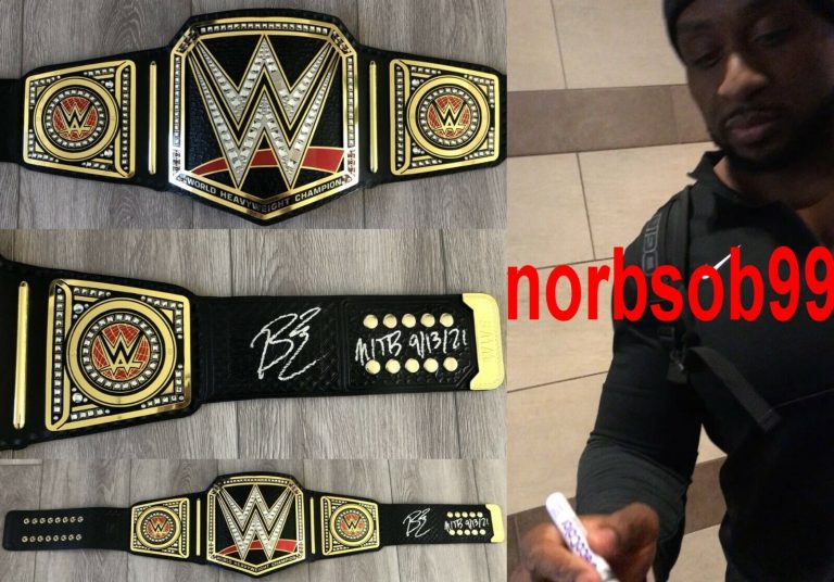 BIG E SIGNED WWE CHAMPIONSHIP LEATHER BELT INSCRIPTION W/EXACT PROOF BECKETT COA
 COLLECTIBLE MEMORABILIA