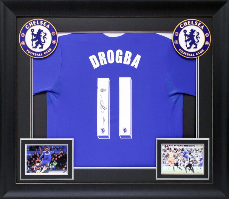 CHELSEA FC DIDER DROGBA AUTHENTIC SIGNED BLUE ADIDAS FRAMED JERSEY BAS COLLECTIBLE MEMORABILIA