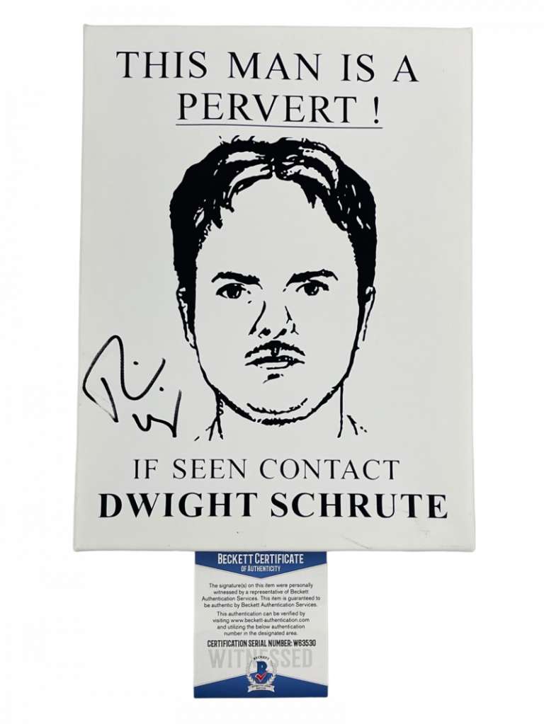 RAINN WILSON SIGNED DWIGHT SCHRUTE CANVAS THE OFFICE AUTOGRAPH BECKETT WITNESS
 COLLECTIBLE MEMORABILIA